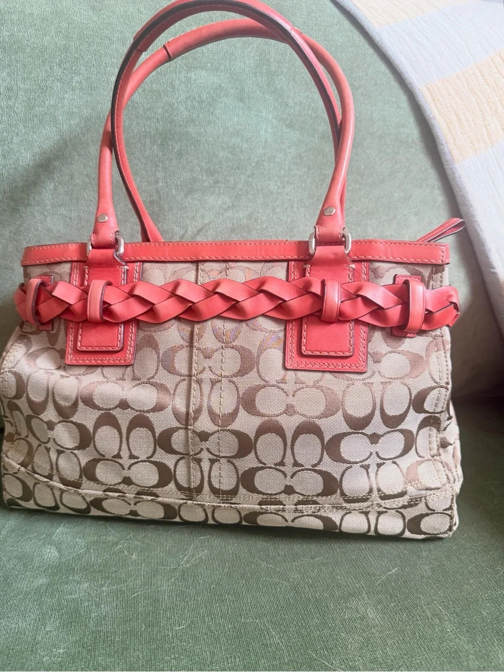 Coach Tan Signature Canvas Tote with Coral Leather Trim